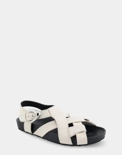 Comfortable Women's Woven Fisherman Footbed Sandal in Eggnog Leather
