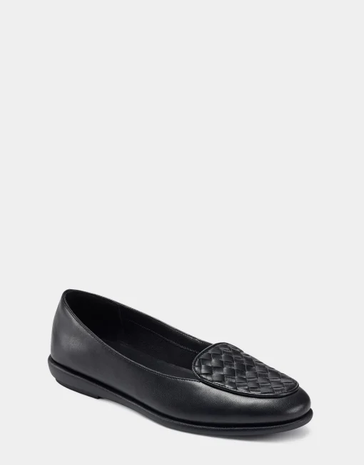 Comfortable Women's Woven Plug Loafer in Black Faux Leather