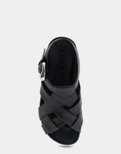 Comfortable Women's Woven Fisherman Footbed Sandal in Black Leather