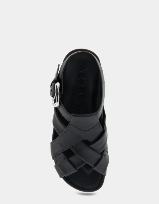 Comfortable Women's Woven Fisherman Footbed Sandal in Black Leather