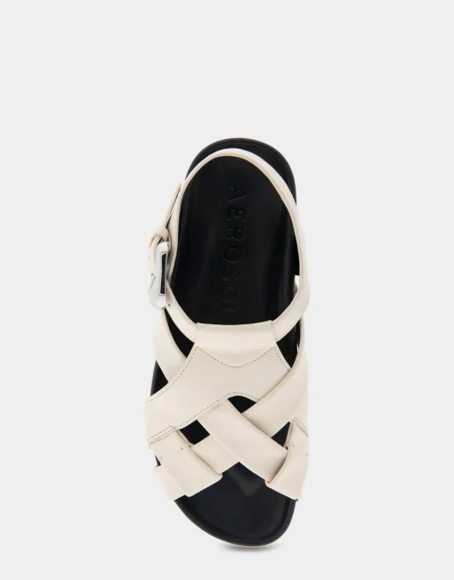 Comfortable Women's Woven Fisherman Footbed Sandal in Eggnog Leather